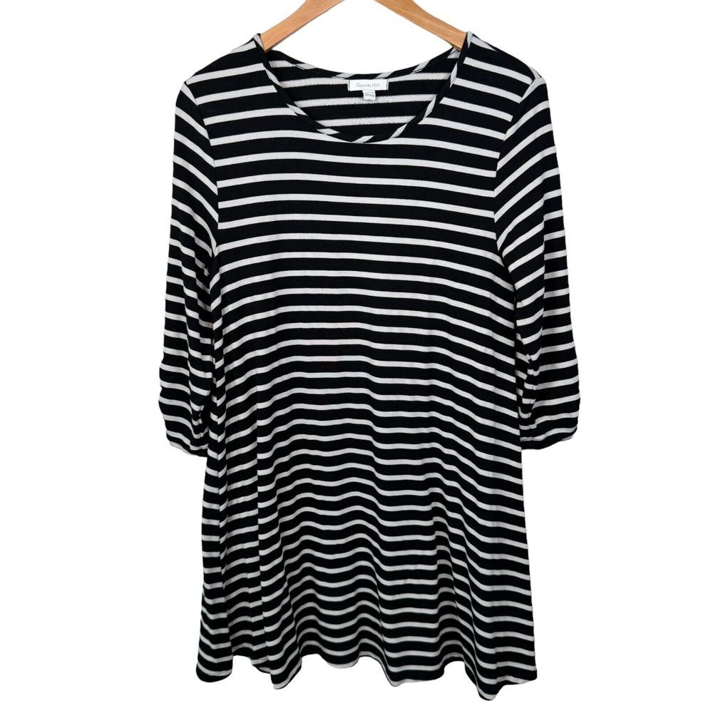 Garnet Hill T Shirt Dress Size Medium Black White Striped‎ 3/4 Sleeve Ruching
